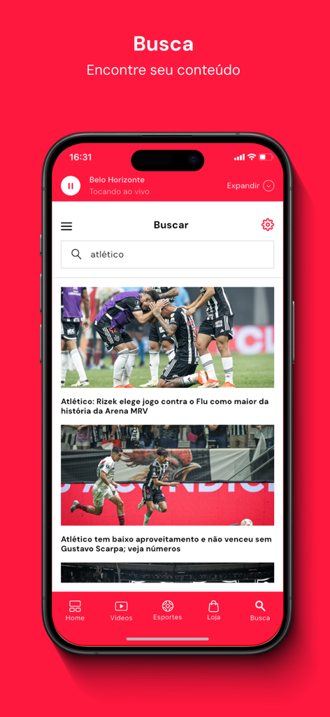Rádio Itatiaia - Search screen of the Radio Itatiaia app showing news articles about the Atletico Mineiro soccer team