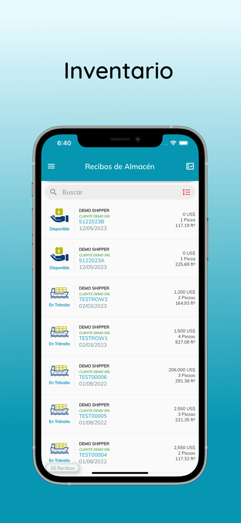 McLogs - McLogs app inventory interface showing a list of warehouse receipts with cargo status and shipping details