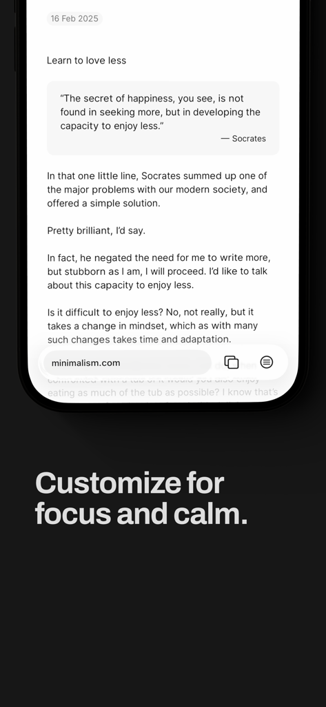 Quiche Browser - Quiche Browser displaying a blog post on minimalism with a clean UI and floating address bar.