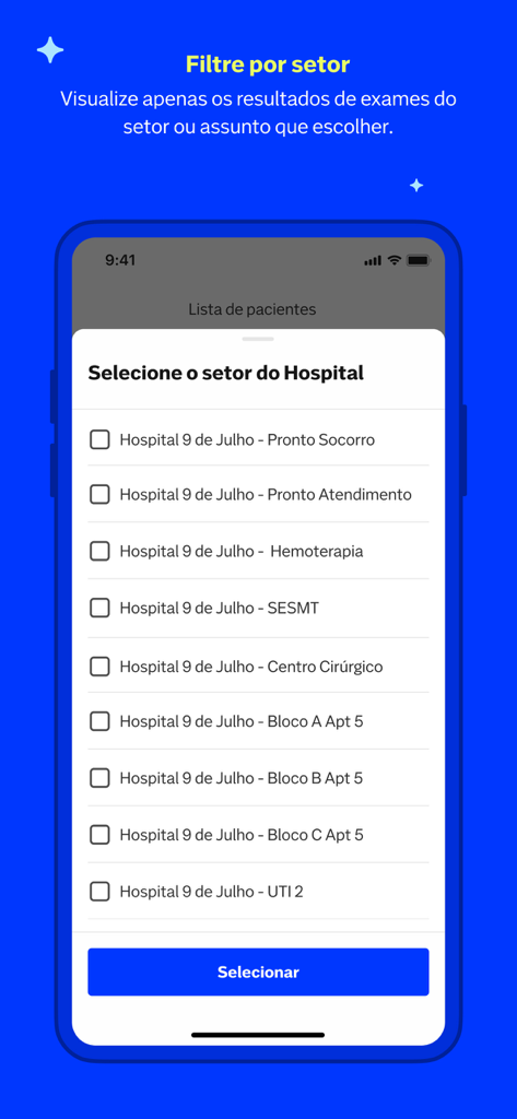 Nav Pro - Nav Pro mobile app screen for filtering exam results by hospital department.