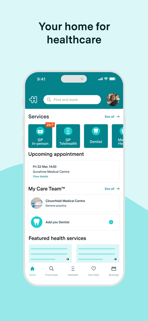 Healthengine mobile app home screen showing medical appointment booking services and care team management