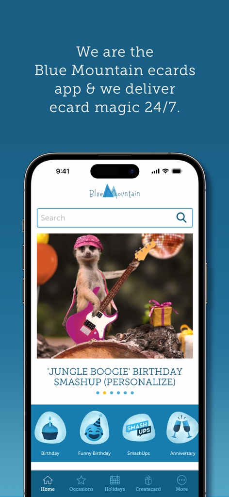 Blue Mountain Ecards - Blue Mountain Ecards app home screen showing a jungle boogie birthday SmashUp with a meerkat playing guitar