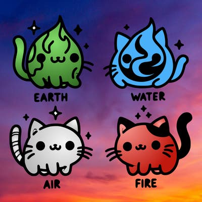 4 cats that represent the different elements, earth, water, air, and fire