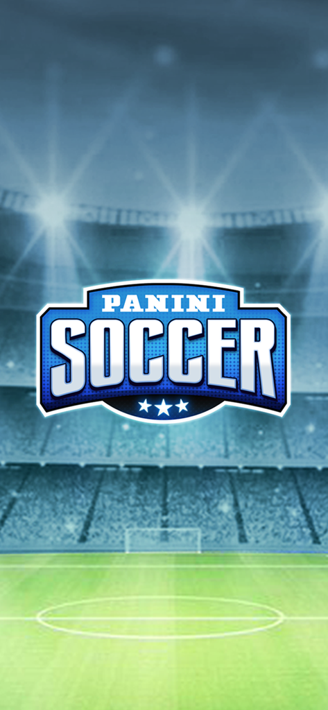 Panini Soccer App - Panini Soccer App Logo zentriert über einem Fußballstadionfeld
