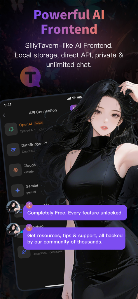 Tavo - AI Roleplay Frontend - Tavo AI Roleplay Frontend app interface showing API connection options like OpenAI and Claude with an anime character illustration