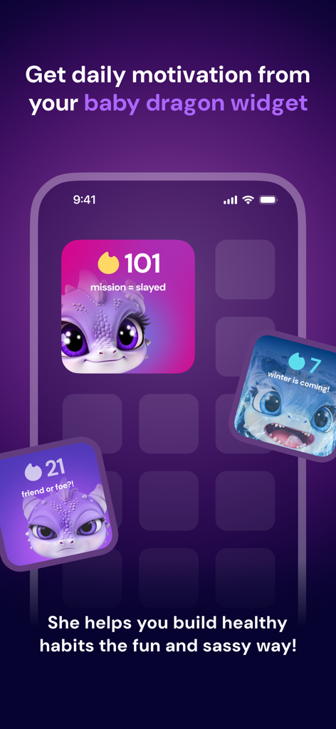 Musa app home screen widgets featuring a cute baby dragon with motivational and sassy captions.