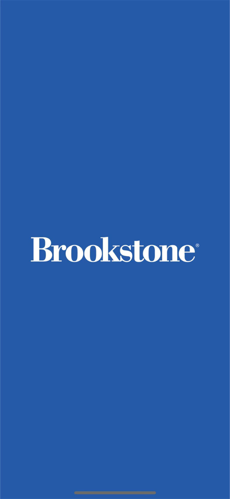 Brookstone app splash screen showing the white brand logo on a solid blue background.