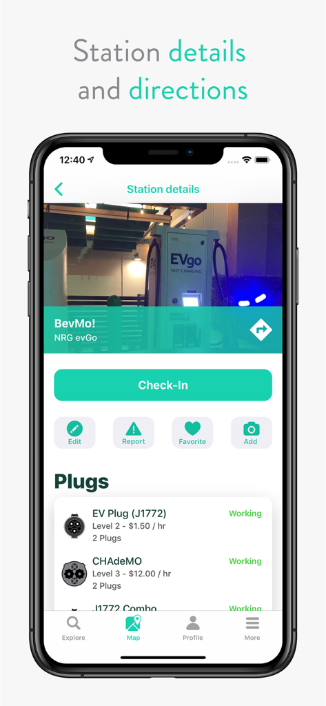 Capture d'écran de l'application ChargeHub montrant les détails de la borne de recharge pour véhicules électriques, notamment les types de prises et l'état en temps réel.