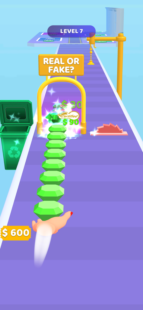 Gem Stack - A hand holding a long stack of green gems in the Gem Stack mobile game