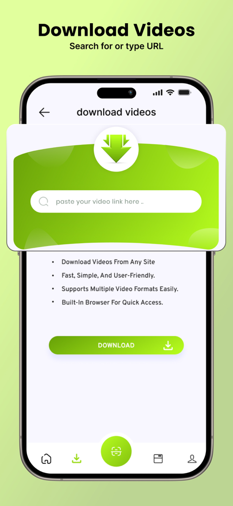 Savefrom browser - Interface of the Savefrom browser app showing the video download tool with a URL link entry field