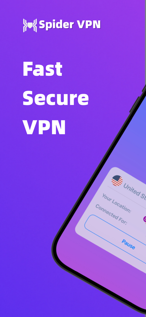 Spider VPN app interface displaying fast and secure connection options and a US server location.