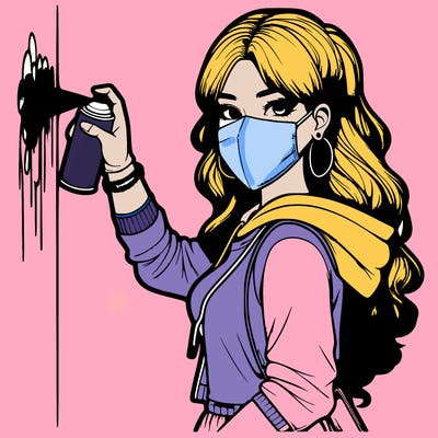 realistic girl with mask spray painting a wall
