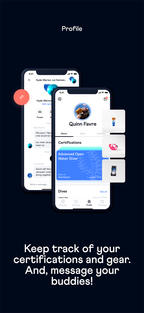 User profile in the Buddy app showing dive certifications and gear management