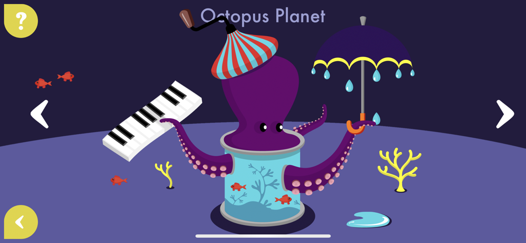 Music4Kids - A purple octopus character holding a piano keyboard in Octopus Planet