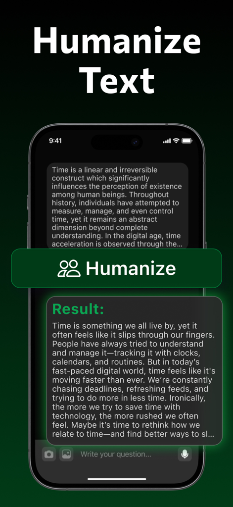 AI Detector | Text Humanizer - Interface de l'application AI Detector montrant la conversion de texte IA en écriture humaine naturelle