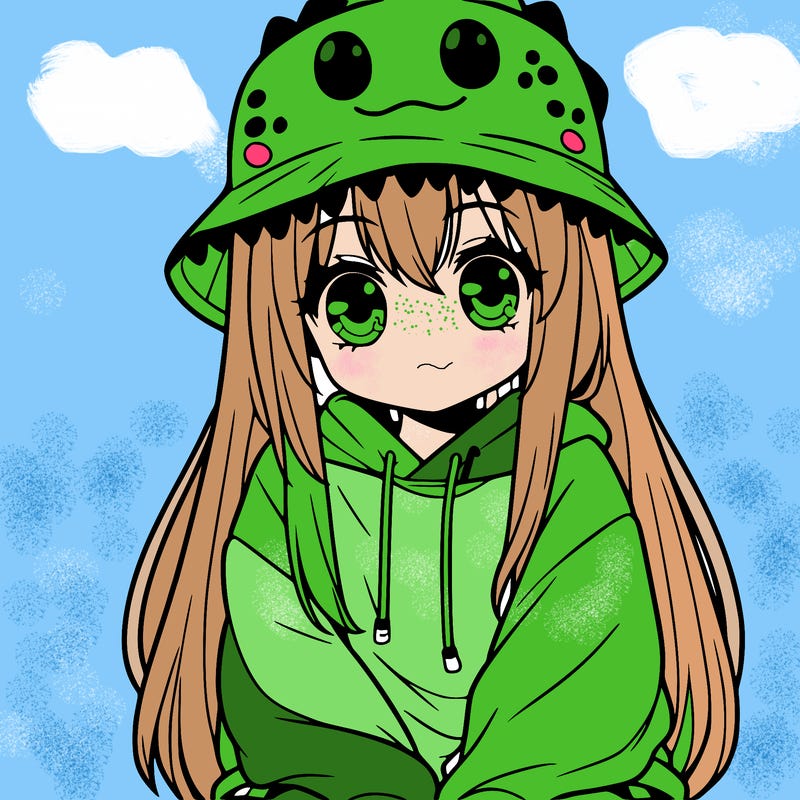 girl with anime shaped eyes with a dinosaur bucket hat oversized sweatshirt long straight hair