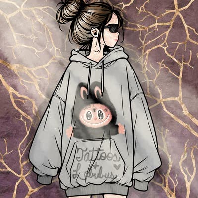 realistic girl with a oversized sweatshirt on and a bun