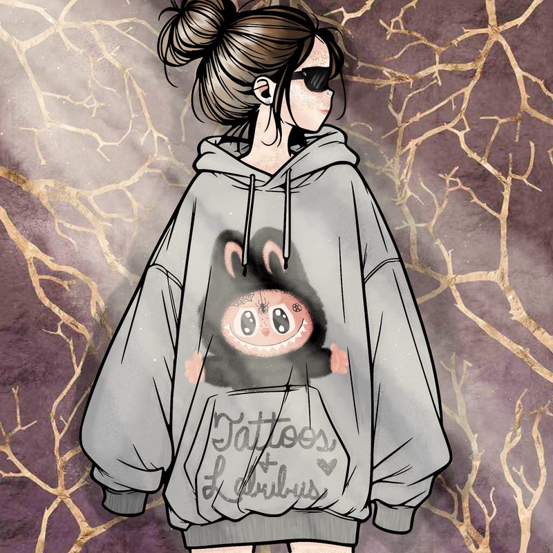 realistic girl with a oversized sweatshirt on and a bun