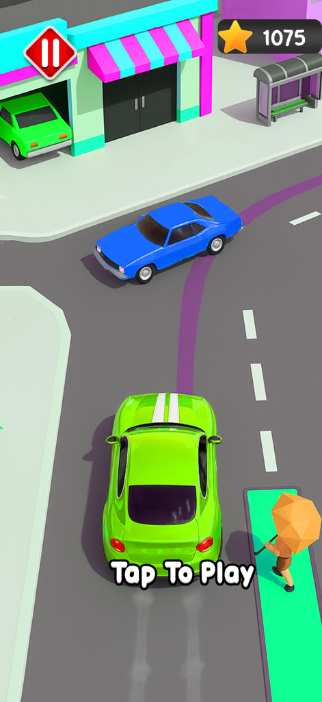 Pick Up Me 3D Taxi Game - A green car in a 3D taxi simulation game preparing to pick up a passenger on a city street