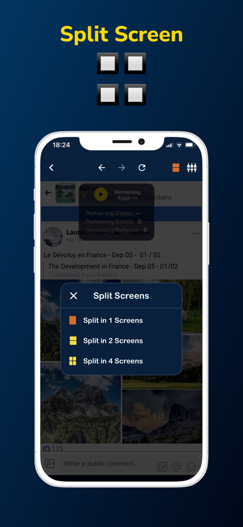 Auto Clicker:Automatic Tap App - Screenshot of Auto Clicker app showing split screen multitasking configuration options