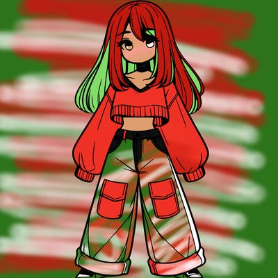 cute girl with straight hair in baggy jeans and a crop top and a sweater