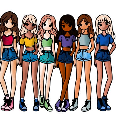a group of girls wearing crop tops and shorts
