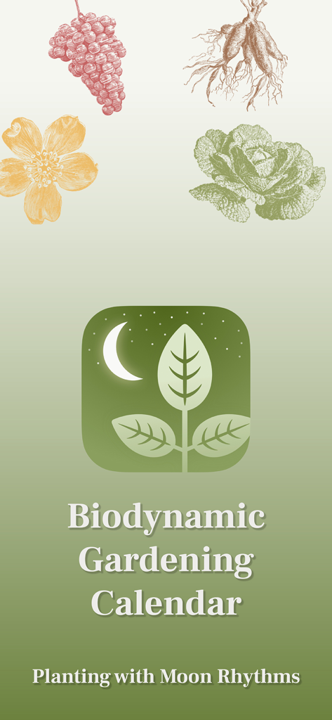 Biodynamic Gardening Calendar - Biodynamic Gardening Calendar app home screen with moon planting theme