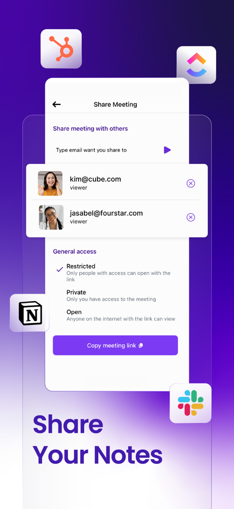 Smart AI Note Taker - MeetGeek - Interface showing options to share meeting notes and integrations with Slack Notion and HubSpot in the MeetGeek app