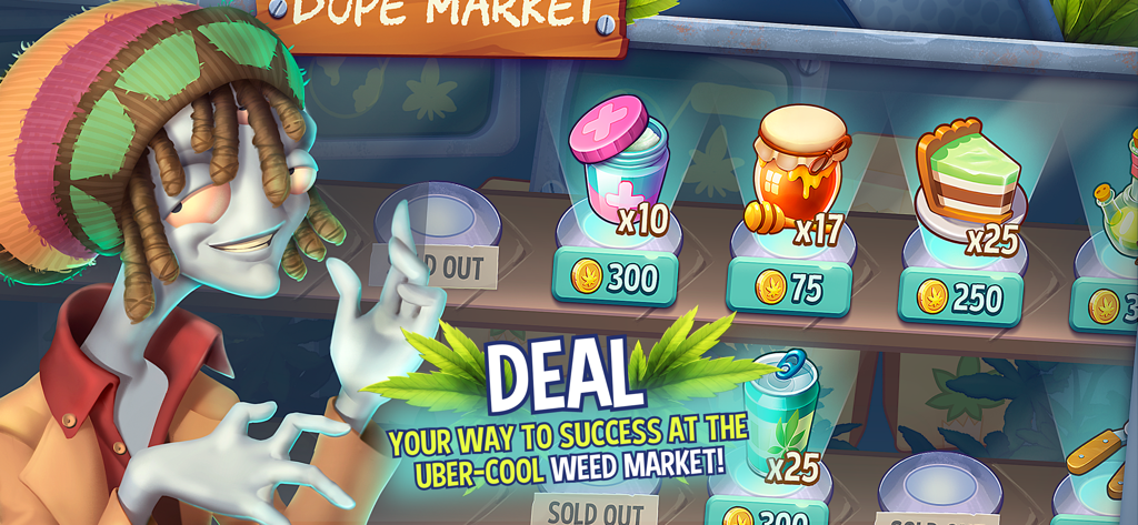 Hemp Paradise: 420 Weed Farm - A character with dreadlocks and a rasta hat standing next to the dope market stall in Hemp Paradise game
