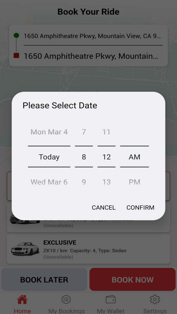 Ja Ride - Interfaz de la aplicación móvil Ja Ride que muestra un selector de fecha y hora para programar un viaje futuro.