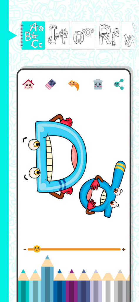 Coloring book and learn - Pantalla interactiva para colorear para niños, con una letra D mayúscula y minúscula de dibujos animados.