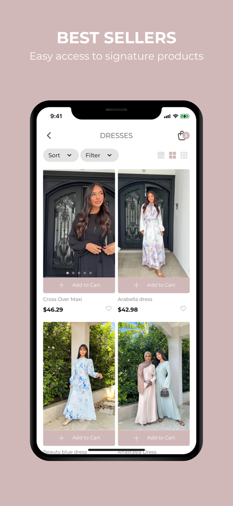 Urban Culture - A mobile app screen showing the best sellers section of Urban Culture featuring various modest dresses and maxi styles.