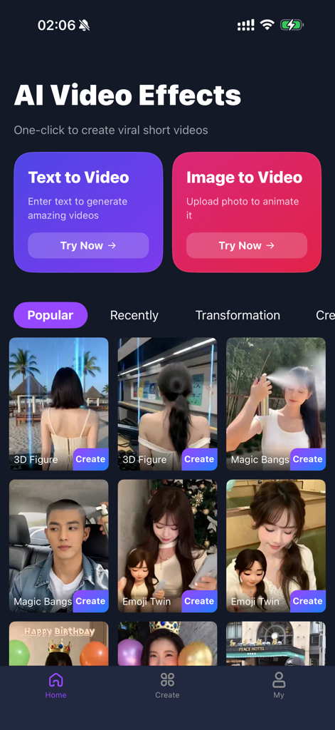 AI VidEff - Magical Video - AI VidEff app home screen showing text to video and image to video tools with trending effects