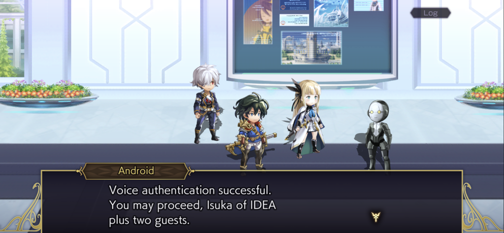 Screenshot di gioco di Another Eden che mostra una scena di dialogo tra Isuka e un Android