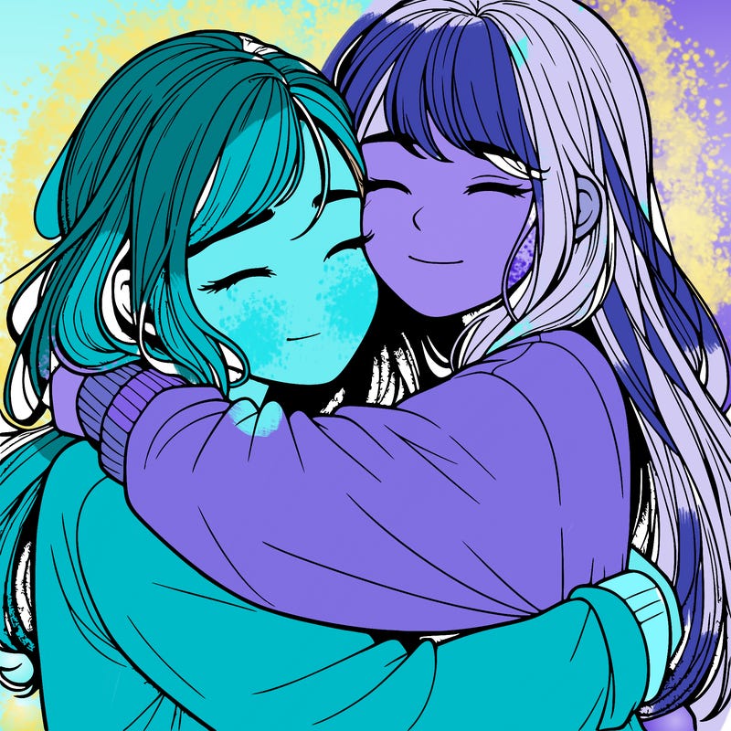 realistic two girls hugging