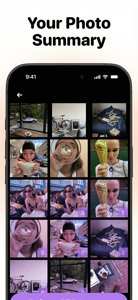 Photo Cleaner: Swipewipe - Una pantalla de teléfono inteligente que muestra la pantalla Resumen de tus fotos en la aplicación Swipewipe con una cuadrícula de imágenes marcadas para su eliminación.