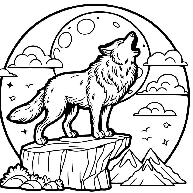 wolf on a cliff howling at a full moon