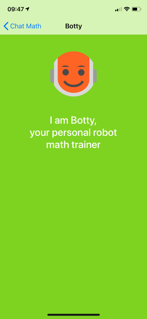 Math Chat - my robot teacher - Botty the robot teacher greeting the user in the Math Chat app