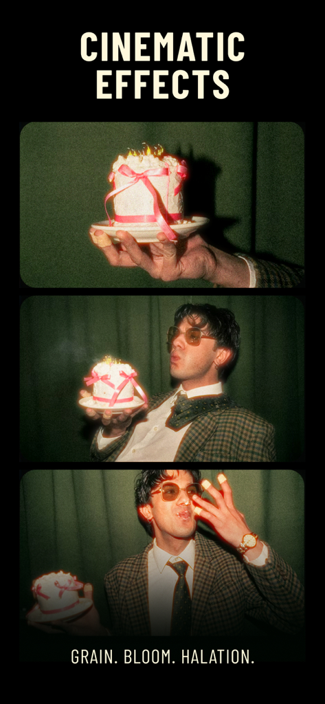 Dehancer Film Emulation - Three vertical panels showing cinematic grain bloom and halation effects on a retro style photo