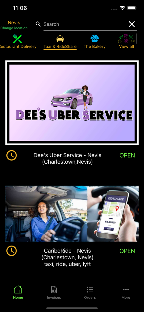 CaribeEats - CaribeEats mobile app interface displaying local taxi and rideshare services in Nevis