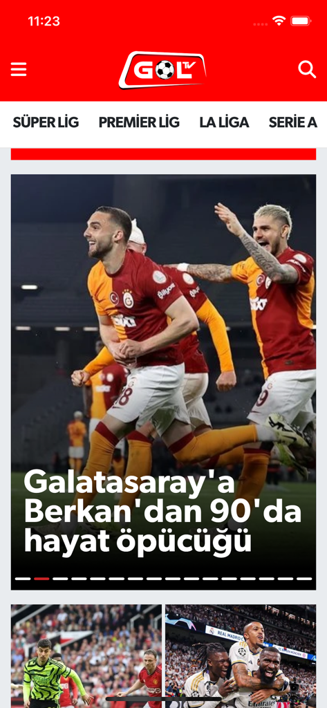 Gol TV - Gol TVアプリのインターフェース。トルコ・スュペル・リグと国際サッカーニュースを特集