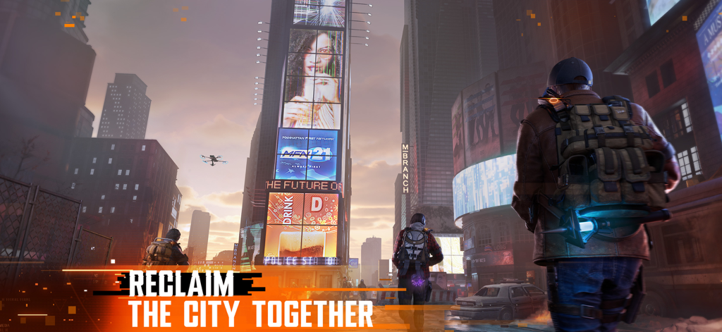 The Division Resurgence - Division agents in tactical gear stand in a ruined New York City street with the text Reclaim the City Together.