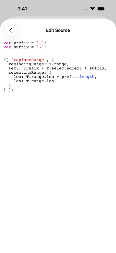 Textwell - Uno schermo nell'app Textwell che mostra il codice JavaScript utilizzato per creare azioni di testo personalizzate.