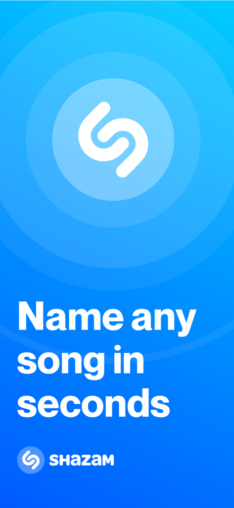 Shazam app interface showing the logo and the text Name any song in seconds