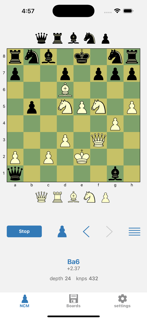 Screenshot of the Next Chess Move app showing a chess position with deep engine analysis and move evaluation