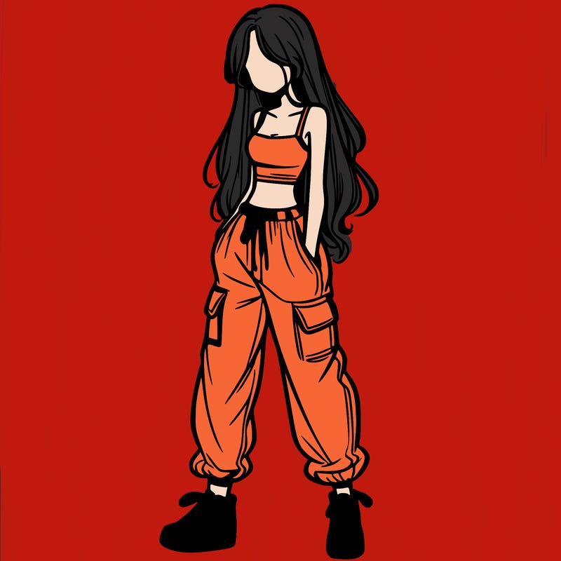 girl in baggy pants crop top and long hair