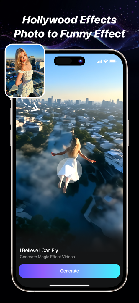 Genie AI - AI Video Generator - Genie AI app interface demonstrating a photo to video magic flying effect over a cityscape.