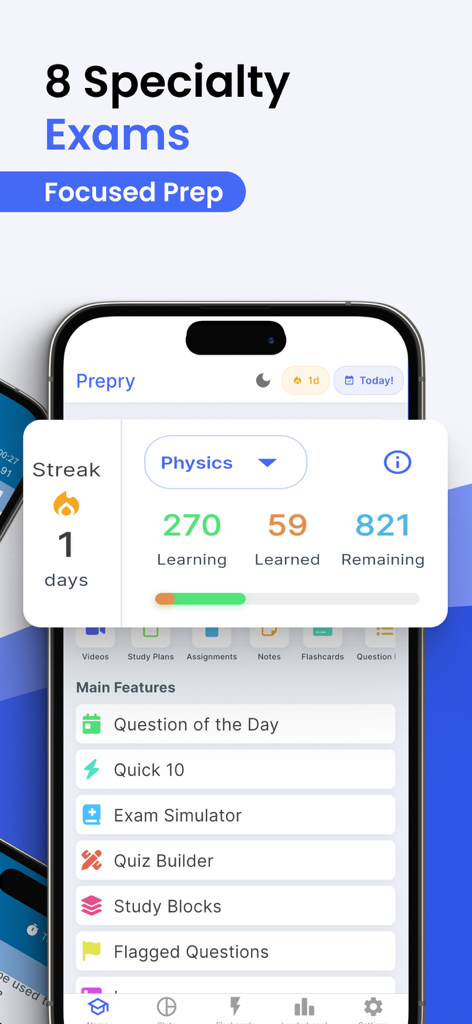 Prepry - ARDMS & CCI Exam Prep - Prepry app dashboard displaying ultrasound physics study metrics and exam prep features