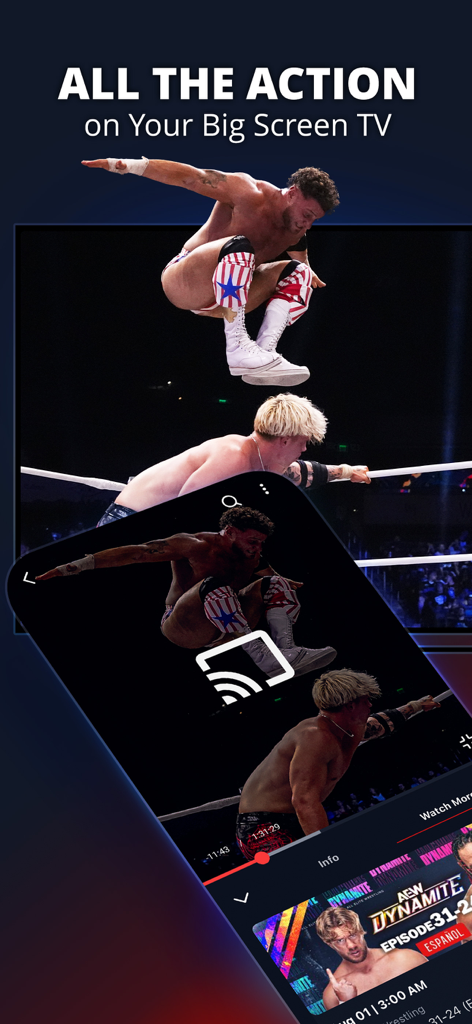 TrillerTV: Live Sports - Un incontro di pro wrestling trasmesso da uno smartphone a un grande schermo TV tramite l'app TrillerTV.
