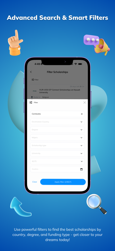 Scholarar - Scholarship App - Mobile screen showing advanced search and smart filters for international scholarships in the Scholarar app.